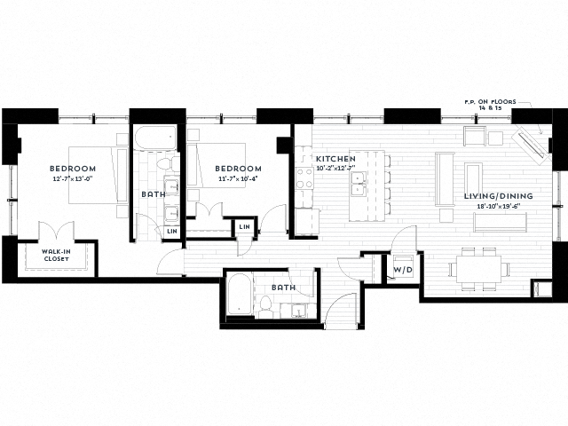 Floor plan for 2 beds, 2 baths, 1328 sqft